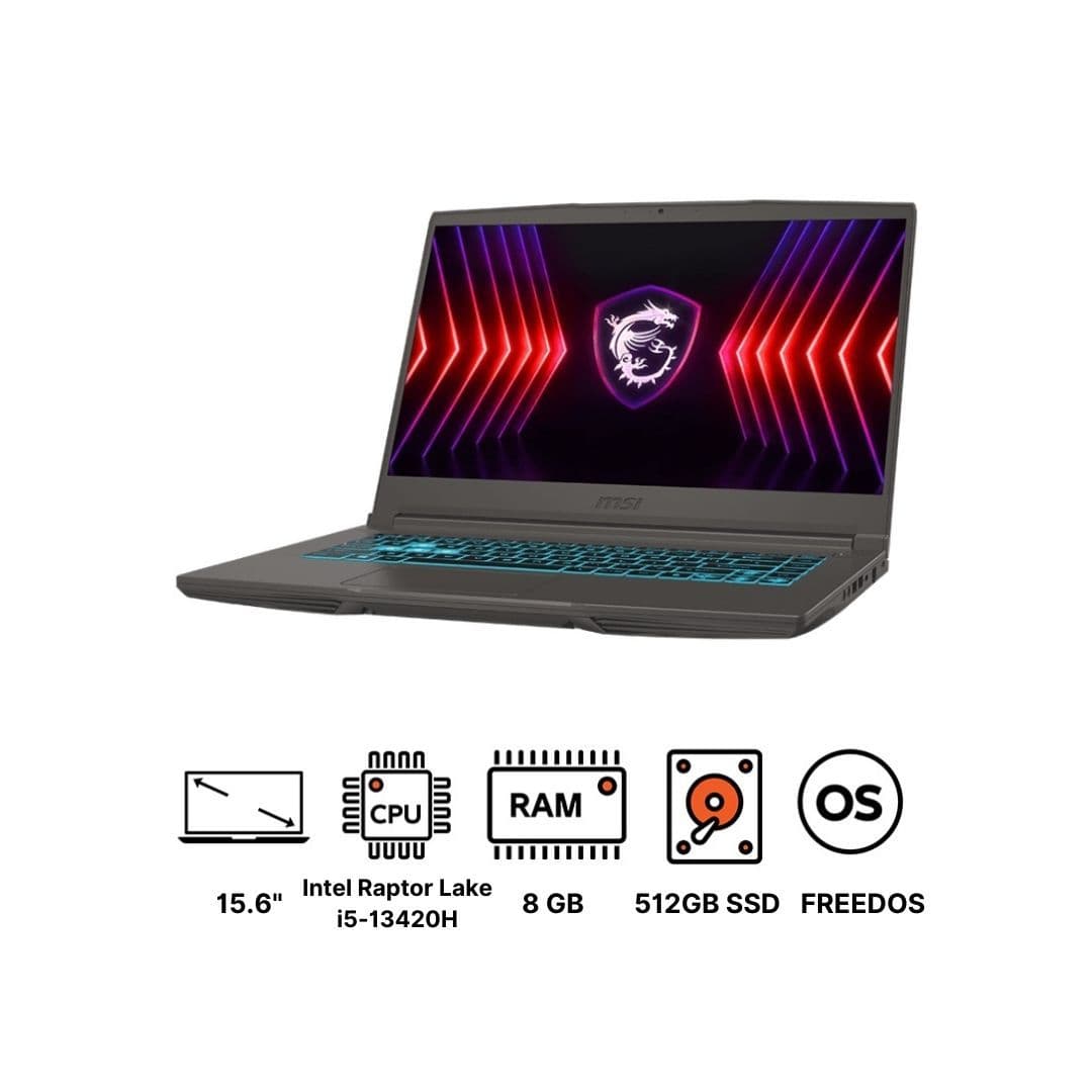 MSI Thin 15 B13UCX Laptop ,Intel Core i5-13420H 15.6 Inch ,512 GB SSD ,8 GB ,NVIDIA GeForce RTX 2050 ,FreeDos - Grey
