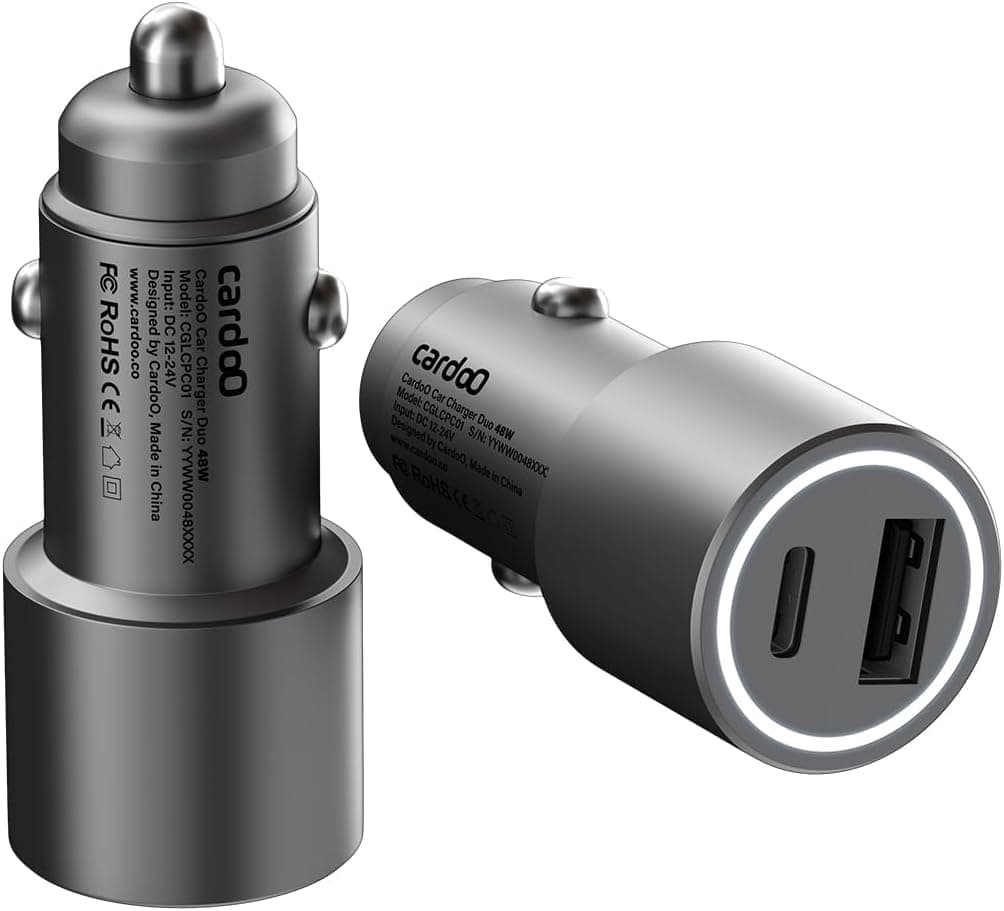 Cardoo Car Charger , 2 Ports , USB , 48 Watt , 12 Volt , Silver - CGLCPC01