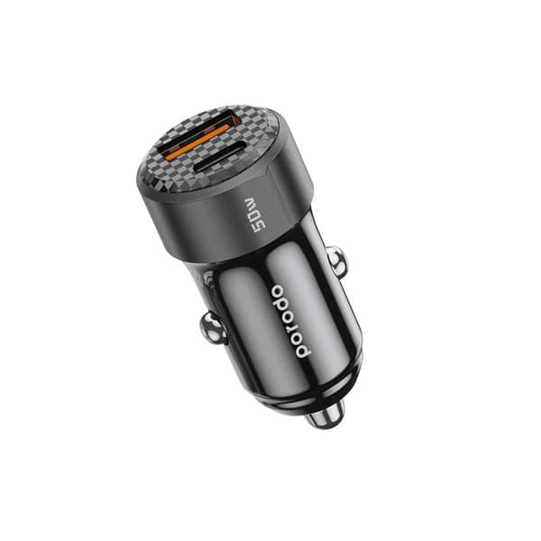 Porodo Car Charger , 2 Ports , Dual Ports Type C and A , 50 Watt , Black - PD-CC50W-BK