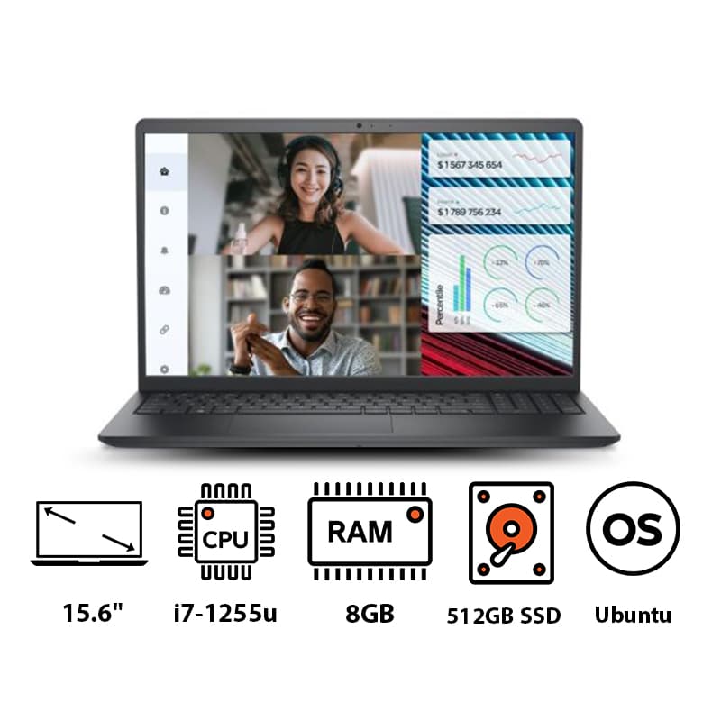 Dell Vostro 3520 Laptop ,Intel Core i7-1255U 15.6 Inch ,512 GB ,8 GB ,Intel UHD Graphics ,Ubuntu - Black