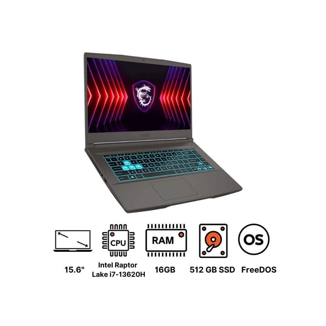 MSI Thin 15 B13UC Laptop ,Intel Core i7-13620H 15.6 Inch ,512 GB SSD ,16 GB ,NVIDIA GeForce RTX 3050 ,FreeDos - Grey