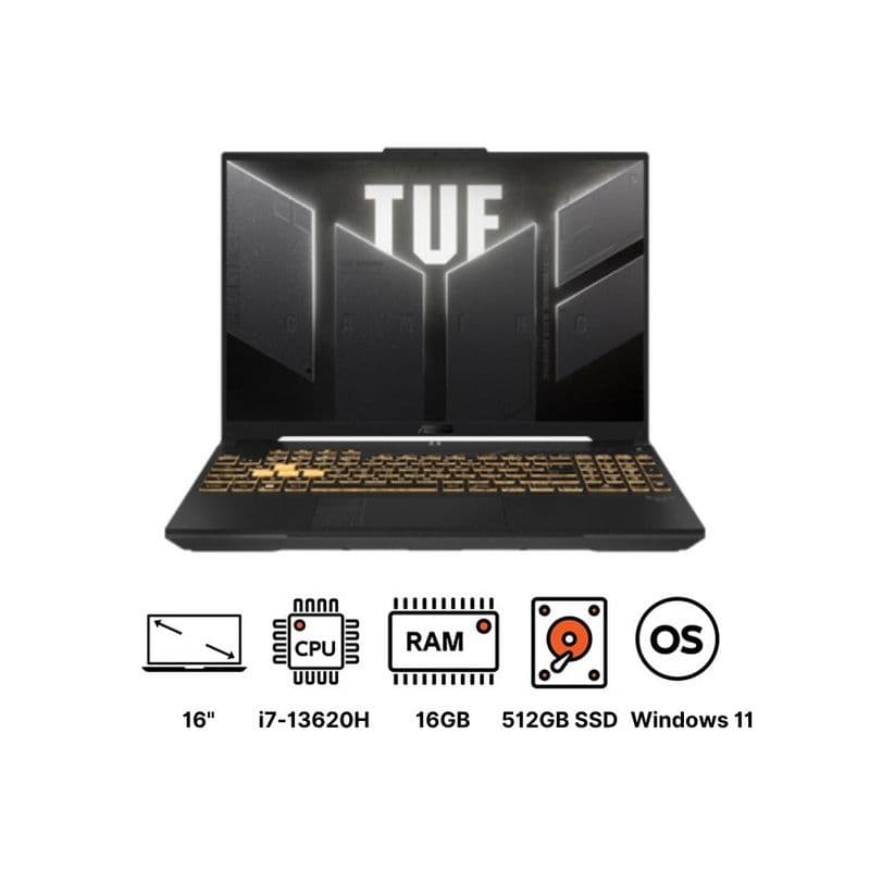 Asus TUF Gaming F16 Notebook FX607VU-RL007W Laptop ,Intel Core i7-13620H 16 Inch ,512 GB SSD ,16 GB ,NVIDIA GeForce RTX 4050 ,Windows 11 - Grey