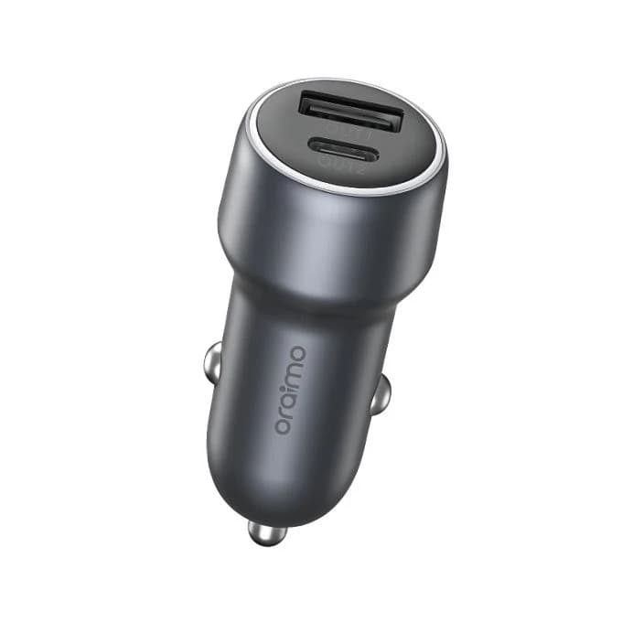 Oraimo Bullet Car Charger , 2 Ports , Dual Ports Type C and A , 48 Watt , 5 Volt , Dark Chrome - OCC-73D