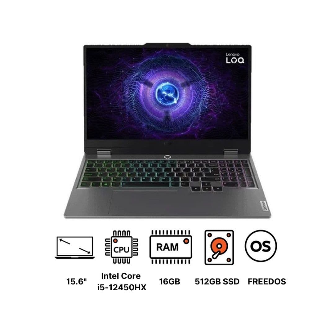 Lenovo LOQ 15IAX9 Gaming Laptop ,Intel Core i5-12450HX 15.6 Inch ,512 GB SSD ,16 GB ,NVIDIA GeForce RTX 2050 ,FreeDos - Luna Grey