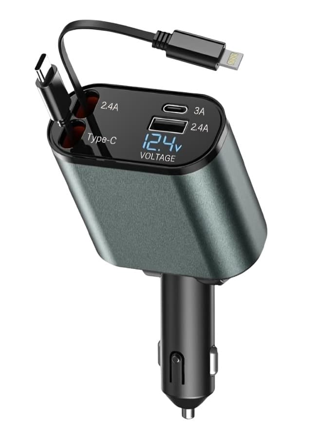 Generic Car Charger with Built-in Cables , 2 Ports , Dual Ports Type C and A , 120 Watt , 12 Volt , Black