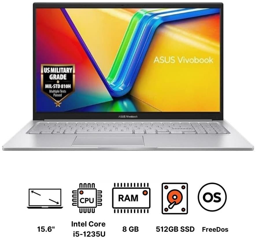 Asus Vivobook 15X1504ZA-BQ451 Laptop ,Intel Core i5-1235U 15.6 Inch ,512 GB SSD ,8 GB ,Intel UHD Graphics ,FreeDos - Silver