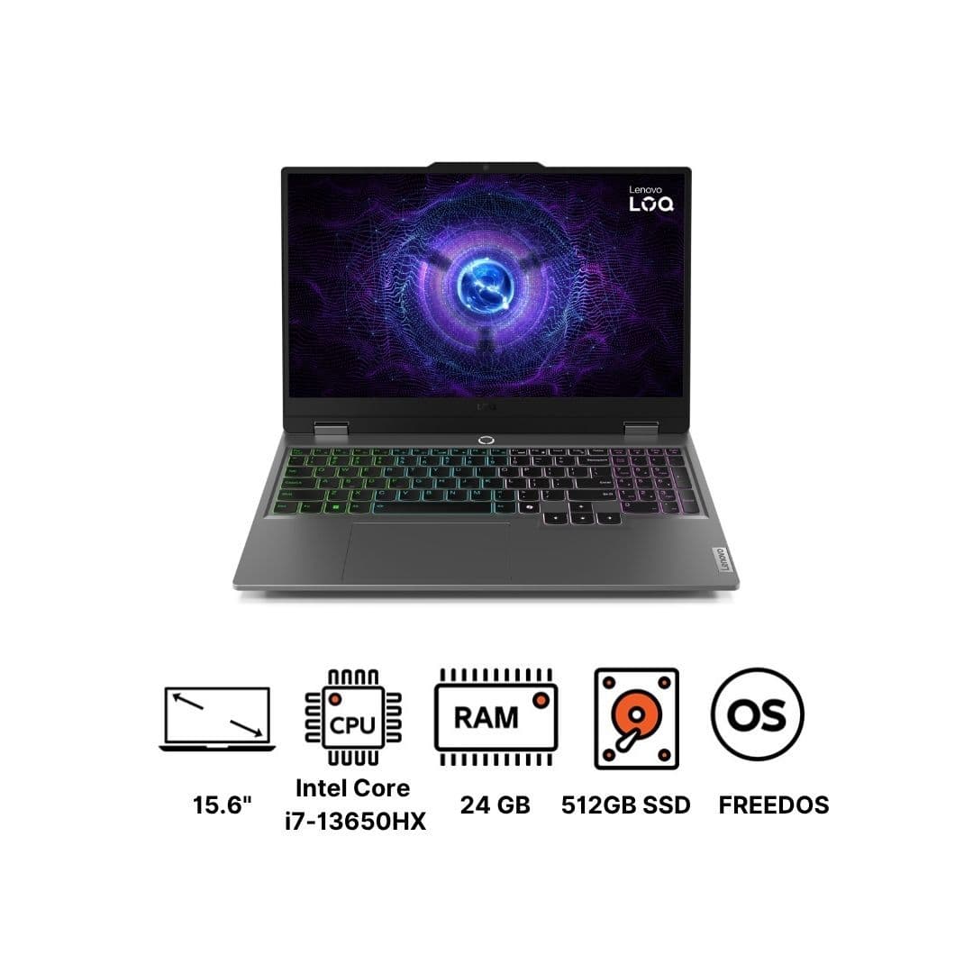 Lenovo LOQ 15IRX9 83DV00AVED Laptop ,Intel Core i7-13650HX 15.6 Inch ,512 GB SSD ,24 GB ,NVIDIA GeForce RTX 4050 ,FreeDos - Luna Grey